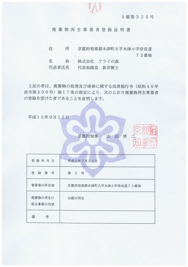 廃棄物再生事業者登録証明書