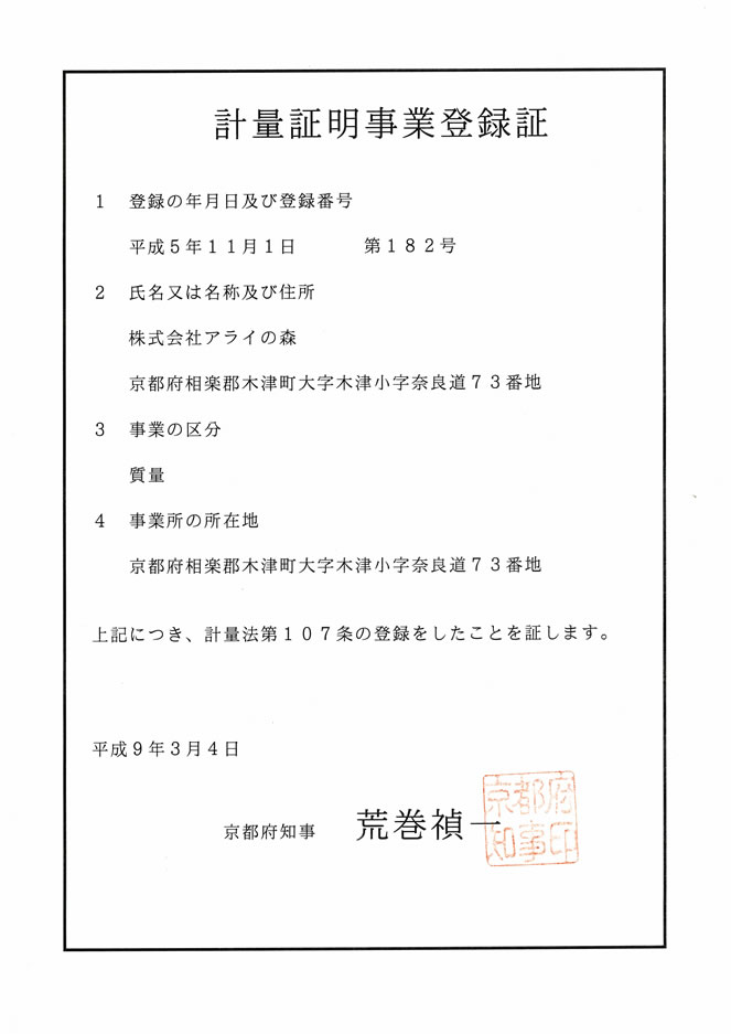 計量証明事業登録証